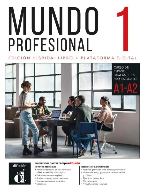 Mundo profesional 1 a1-a2 edición híbrida para estudiantes con portada de escena moderna de oficina