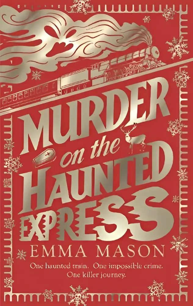 Rode boekcover van murder on the haunted express met zilveren tekst en decoratieve sneeuwvlokranden en gestileerde treinillustratie