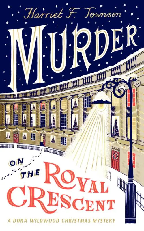 De boekcover van murder on the royal crescent toont een gestileerde illustratie van the royal crescent in bath bij nacht