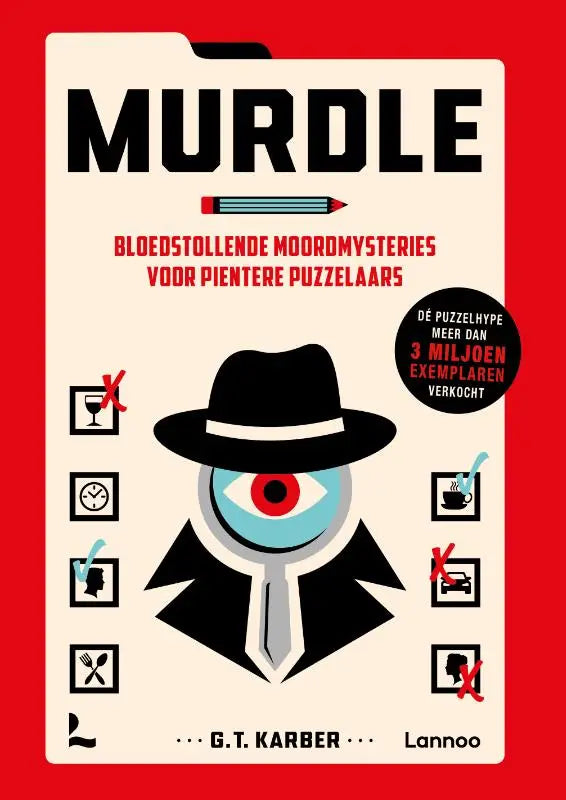 De boekcover van murdle toont een gestileerde detective met een rode oog in een zwarte hoed en pak op een crèmekleurige achtergrond
