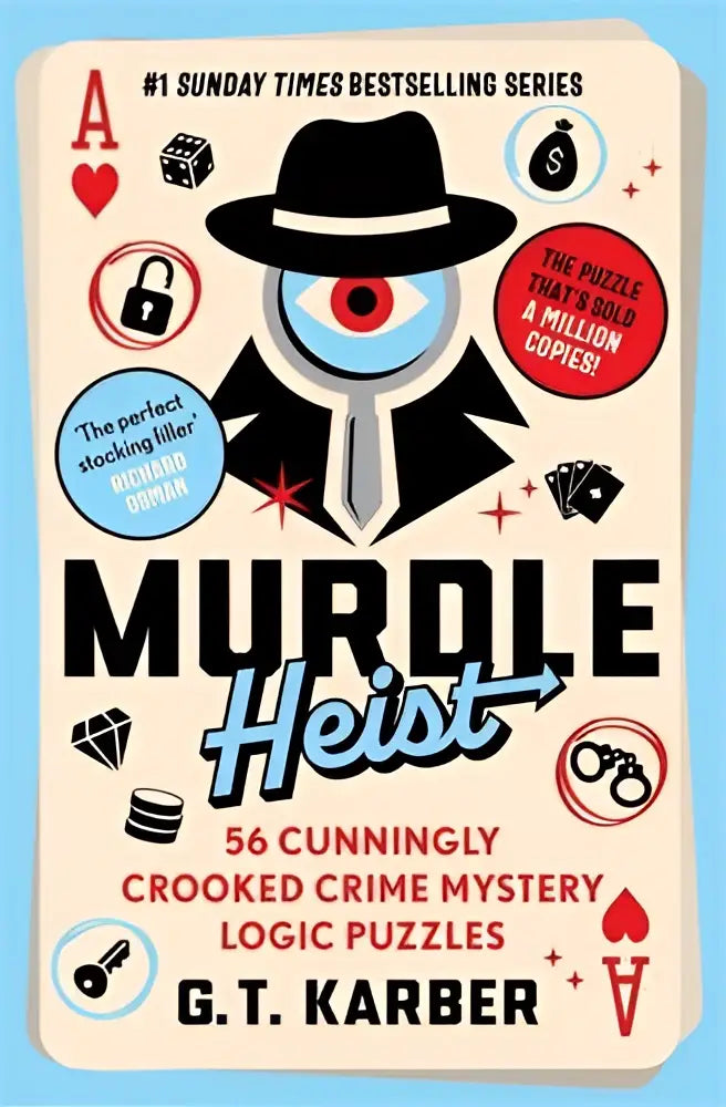 Een gestileerde zwart-wit detective met rode oog op de cover van murdle heist met 56 crime mystery logic puzzles