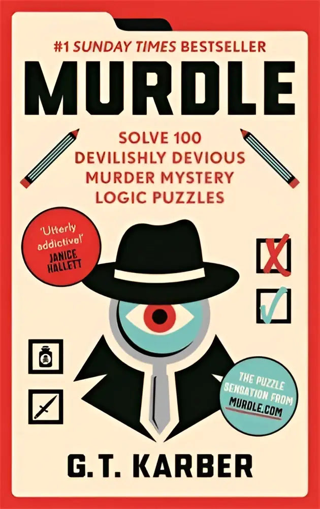 A black fedora with a red eye emblem worn by a stylized detective on the cover of murdle murder mystery logic puzzles