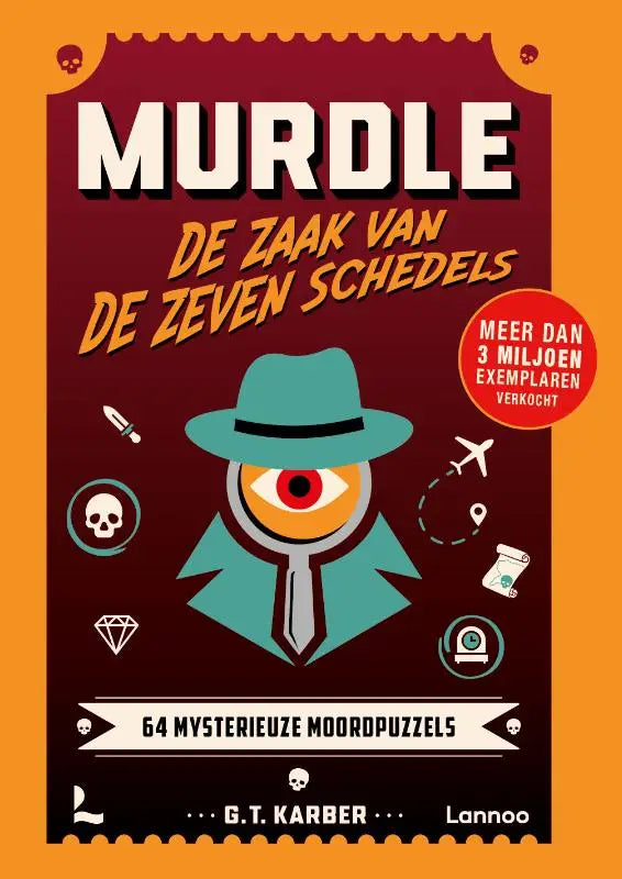 De cover van murdle de zaak van de zeven schedels toont een deductive logico detective met teal fedora en jas