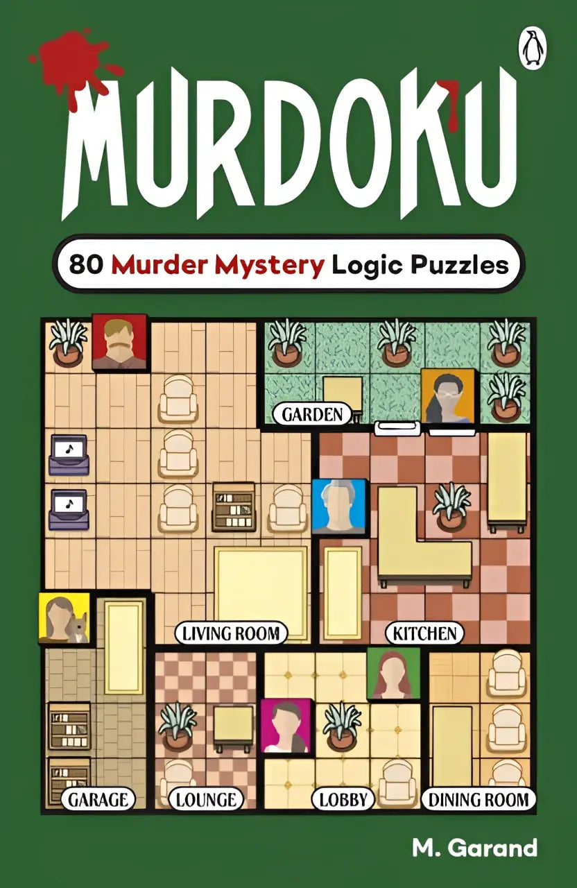 Murdoku murder mystery logic puzzle boek met geïllustreerd plattegrond omslag van woonkamer keuken en eetkamer