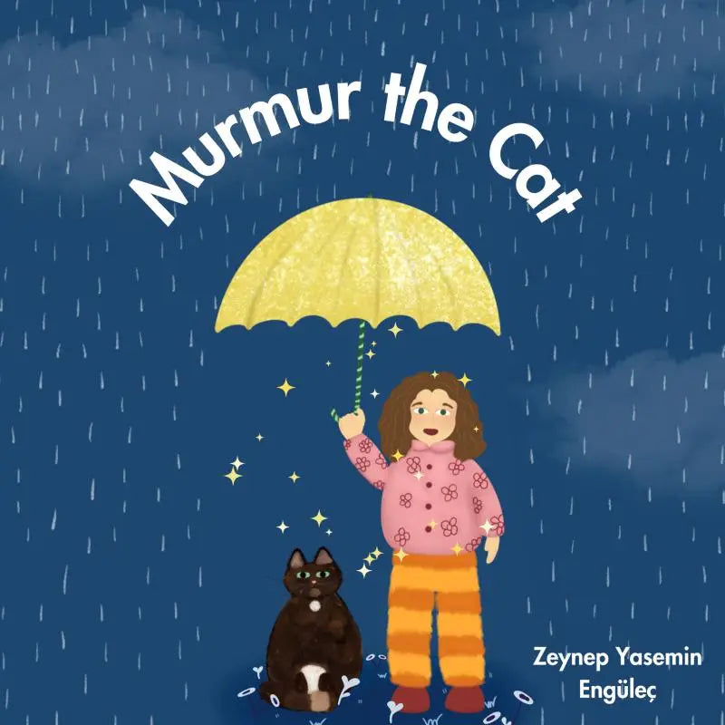 Kind met een gele paraplu met groen-wit gestreept handvat in de regen met murmur the cat product