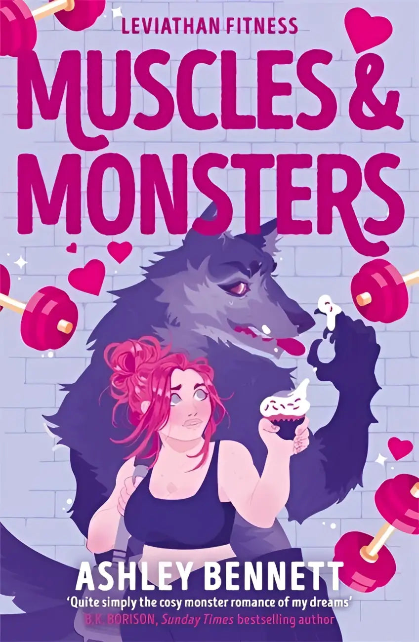 Illustratief boekomslag in roze en paars met een vrouw met rood haar en een wolfachtig monster voor een zoete en pittige monsterroman