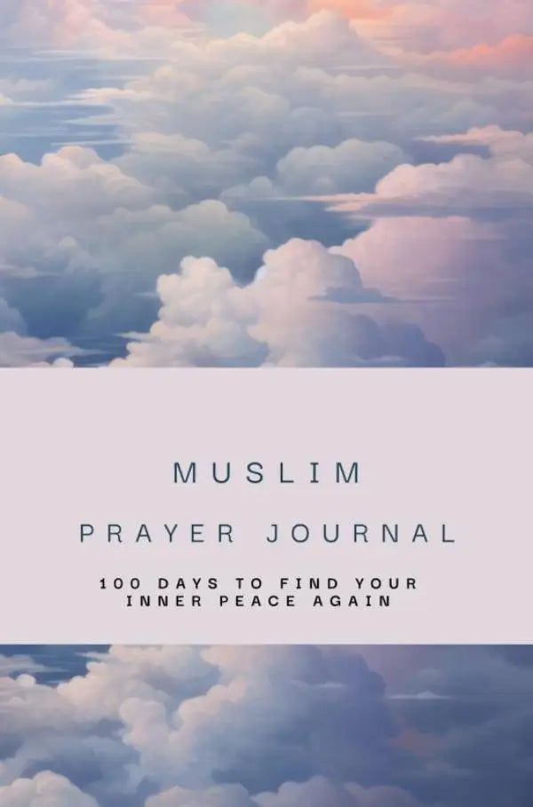 A soft lavender muslim prayer journal with serene sky and cloud illustration for 100 days to find your inner peace
