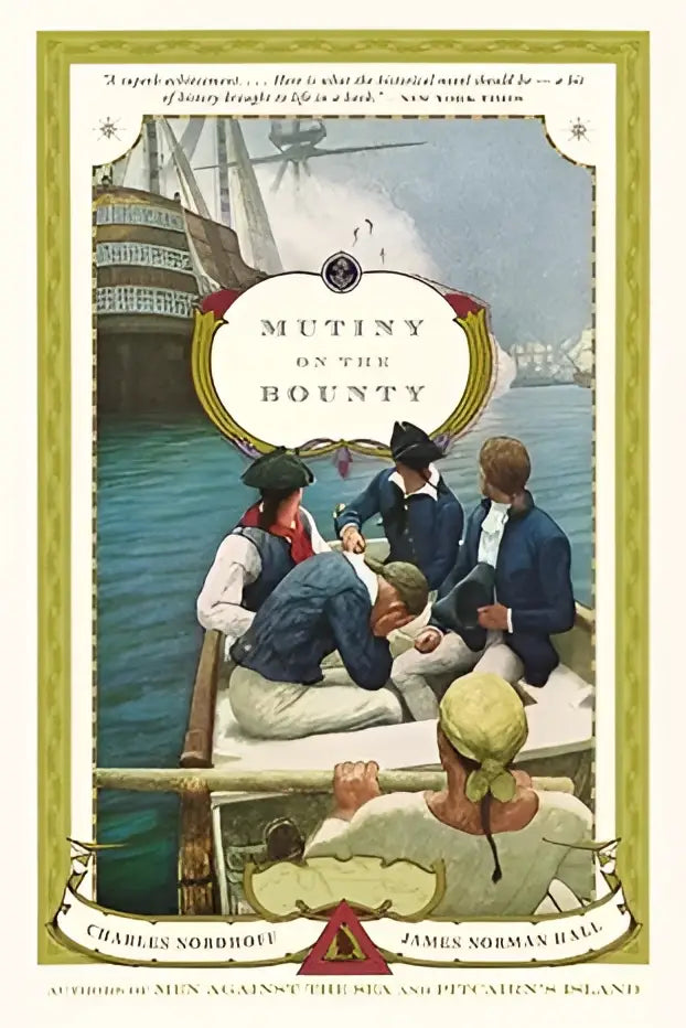 De boekcover van mutiny on the bounty toont een historische scène met zeelieden op een boot en schepen op zee