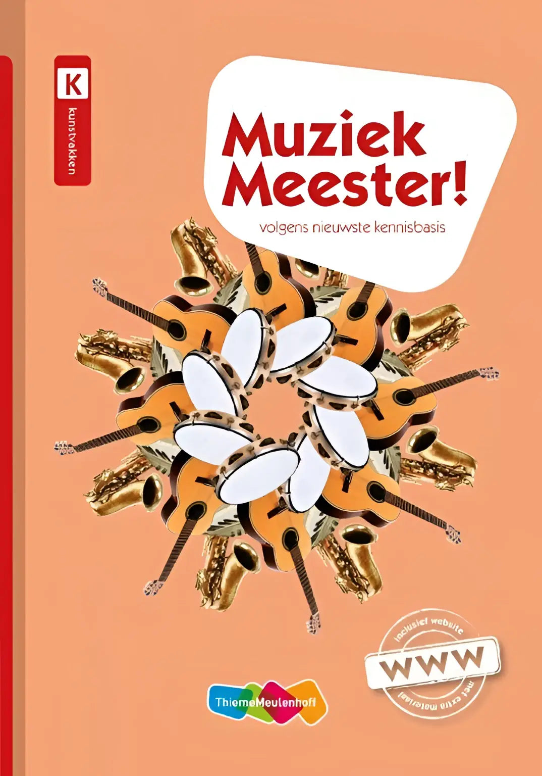 De kleurrijke voorkant van het muziek meester educatief boek door frans haverkort en lieuwe noordam toont een symmetrische collage van gouden saxofoons en oranje gitaren rondom witte drumvellen
