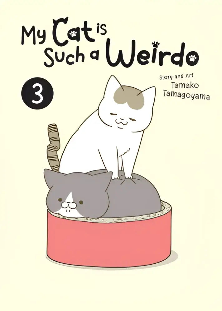 Een zachtroze cilindervormig kattenbed met een witte en grijze cartoonkat erop, ontworpen door tamako tamaoyama, my cat is such a weirdo vol 3