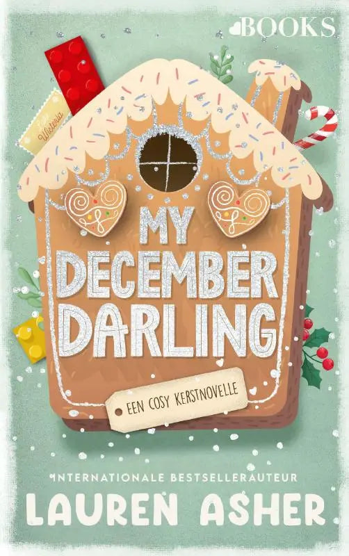 Boek omslag in de vorm van een gingerbread huis met witte glazuur en kleurrijke sprinkels voor my december darling