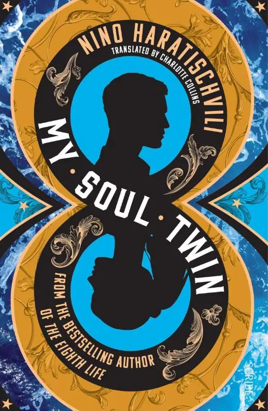 The book cover for my soul twin by nino haratishvili features a blue and gold design with ornate patterns
