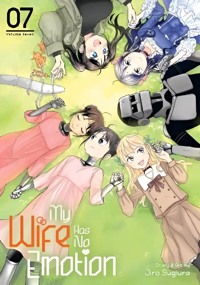 De cover van my wife has no emotion vol 7 toont animepersonages in een cirkel op een felgroene achtergrond