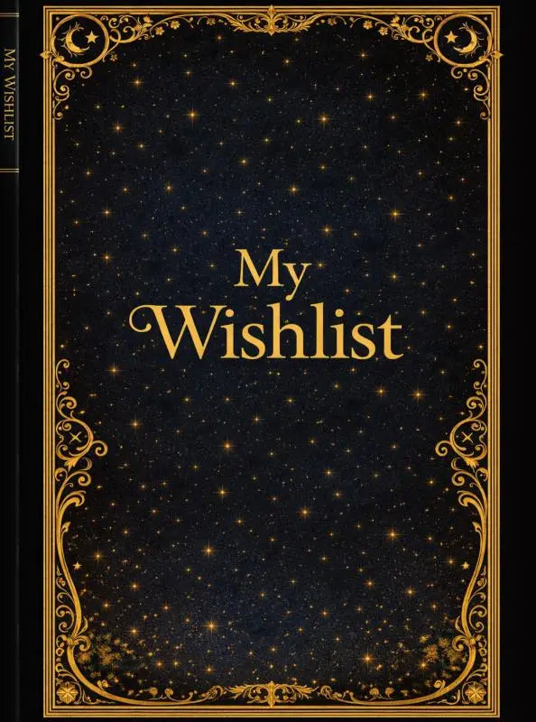 Een zwart notitieboek met gouden sierlijke randen en een sterrennachtontwerp met de titel my wishlist