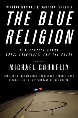 Hardcoverboek the blue religion met een donker, textuurde omslag en witte en gouden letters van mystery writers of america