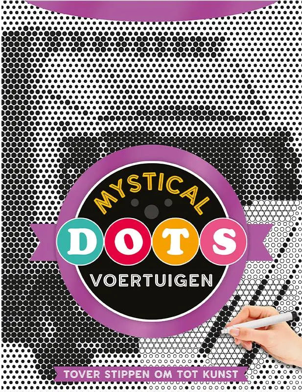 Paars-zwart circulair logo met kleurrijke letters mystikal dots voertuigen op een halftone patroon voor tover stippen