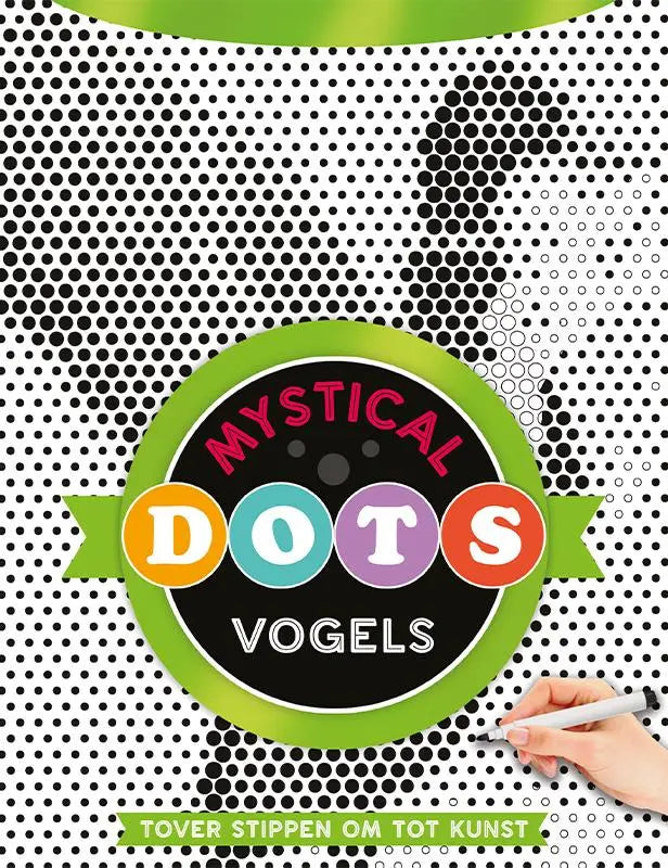 Groen rond logo met kleurrijke tover stippen en hand die marker vasthoudt voor mystical dots kunstgebruik