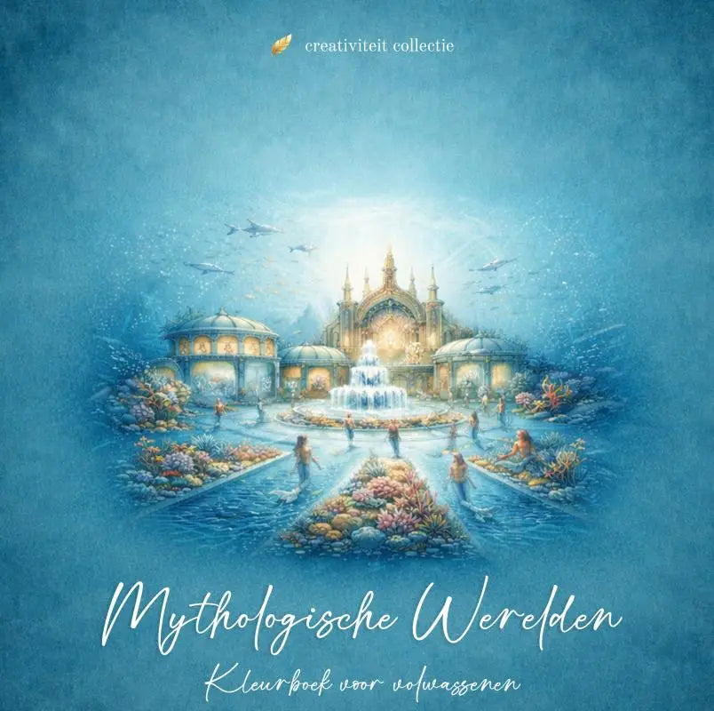 Fantasie onderwaterpaleis met gouden torens en kleurrijke koraaltuinen in mythologische werelden kleurboek voor volwassenen