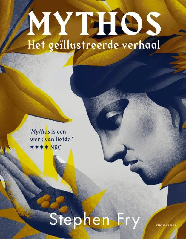 De cover van mythos het geïllustreerde verhaal door stephen fry met een monochroom portret en gouden accenten door jesús sotés
