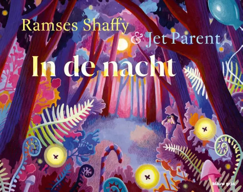 Vibrante geïllustreerde boekcover van in de nacht met een fantasierijk bos en gloeiende orbs voor jonge lezers