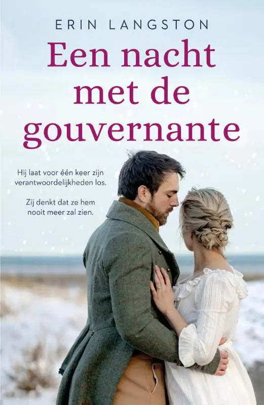De boekcover van een nacht met de gouvernante toont een man en vrouw in periodekleding omarmd op een besneeuwd strand aldworth park