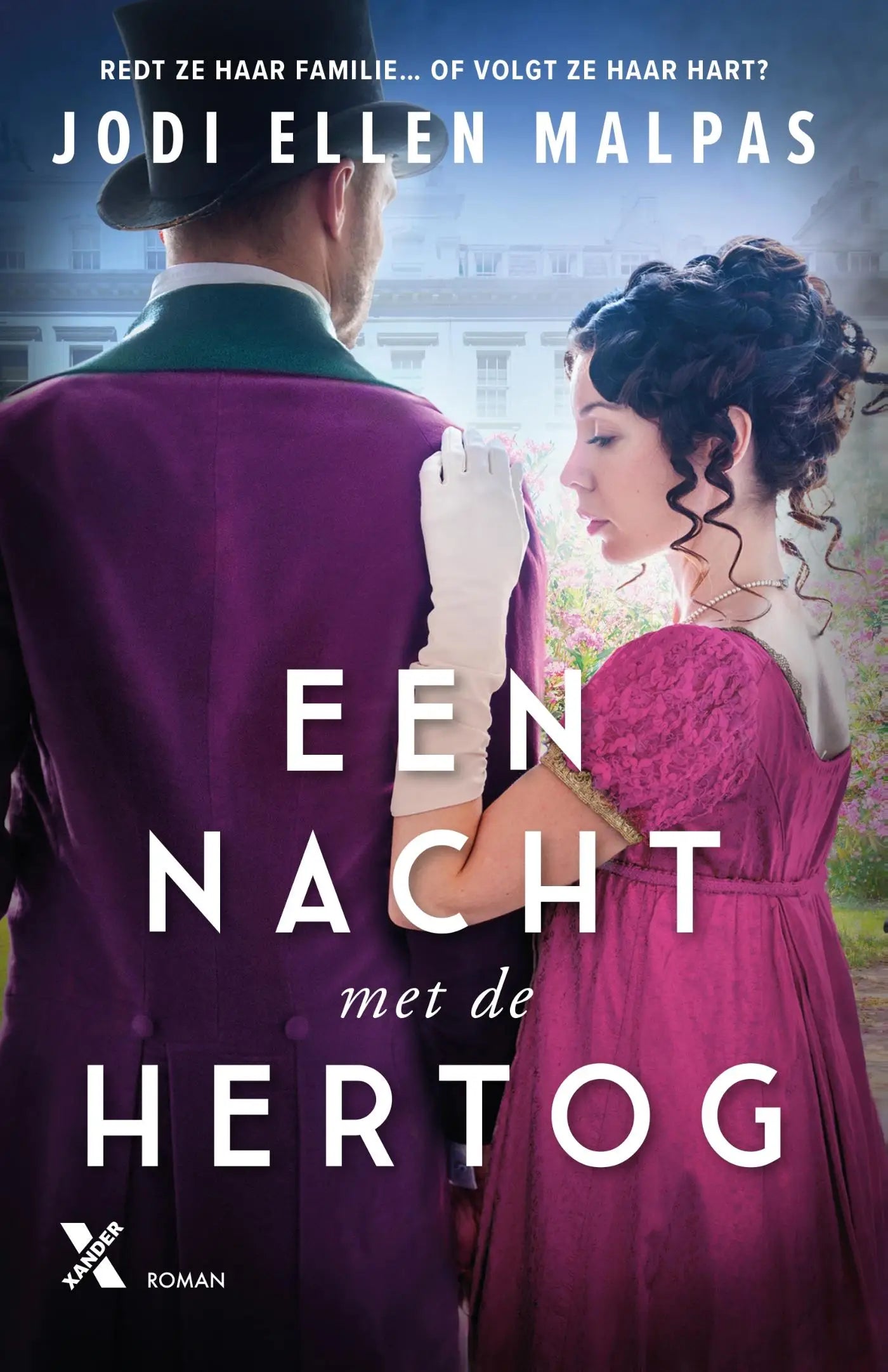Een vrouw in een diep magenta kanten jurk met blote schouders en witte handschoenen naast een man in een donkerpaarse fluwelen jas en zwarte hoge hoed in een nacht met de hertog