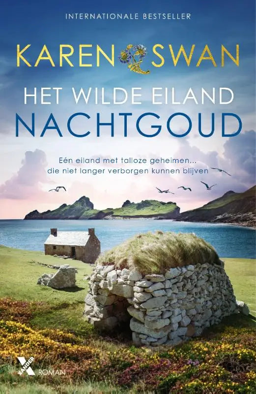 Het wilde eiland nachtgoud boekcover met een stenen hut met grasdak in een bloemenveld aan de kust van karen swan