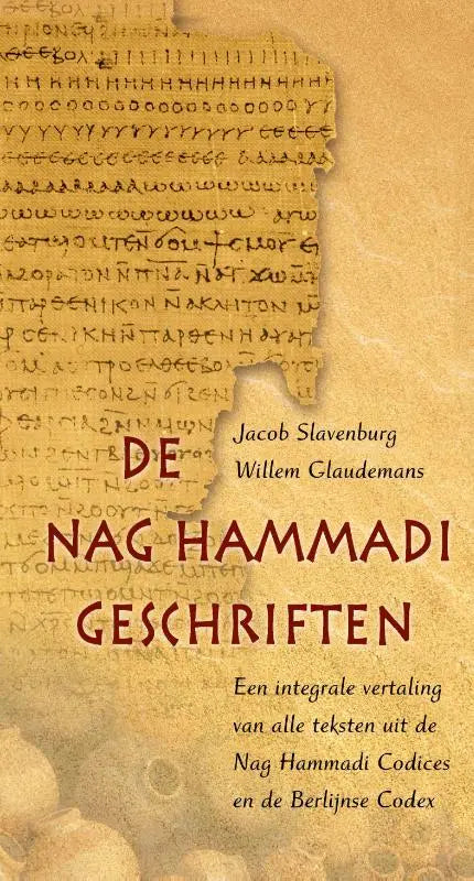 De nag hammadi-geschriften boekomslag toont een verweerd perkament met oude schrift en rode titelletters