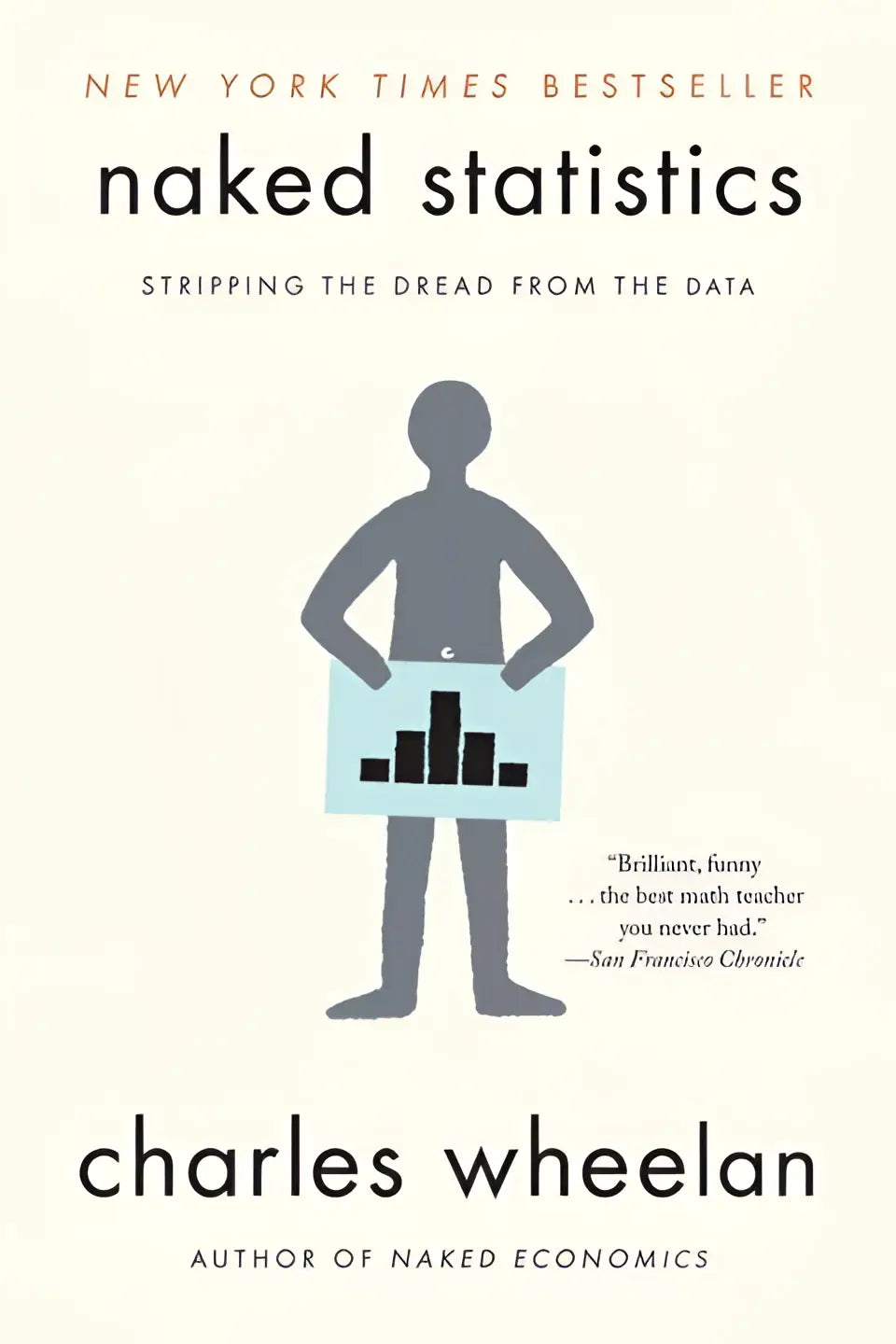 The book cover of naked statistics by charles wheelan features a gray silhouette holding a light blue bar graph stripping the dread from the data
