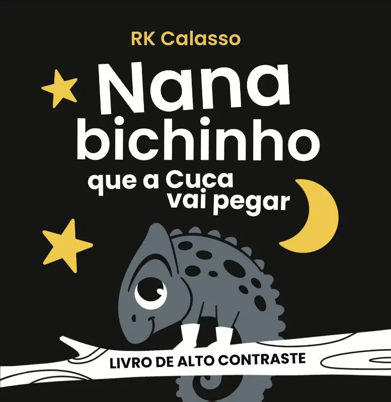 Illustratie van een grijze chameleon met zwarte vlekken op donkere achtergrond voor nana bichinho que a cuca vai pegar