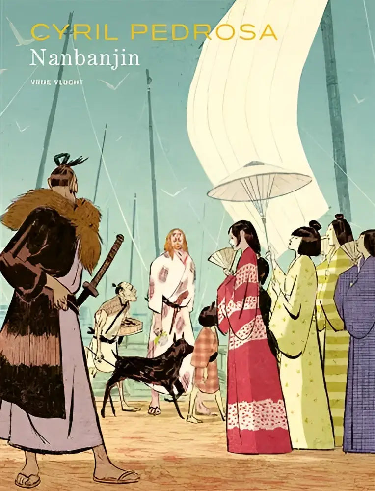 Illustrated album cover nanbanjin met traditionele japanse figuren in kleurrijke kimono en een parasol