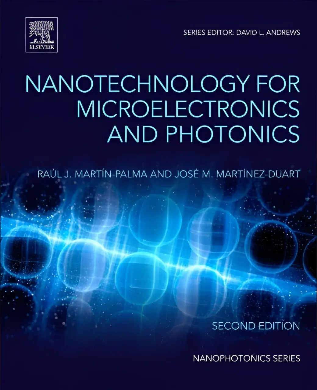Boekomslag blauw en zwart met gloeiende blauwe golf en cirkelvormen voor nanotechnology for microelectronics and photonics van elsevier
