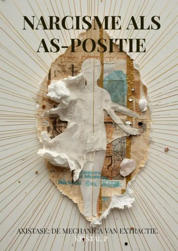 Een mixed-media collage met een wit beeld van een mens, gescheurd papier en gouden accenten in axistase mechanica extractie