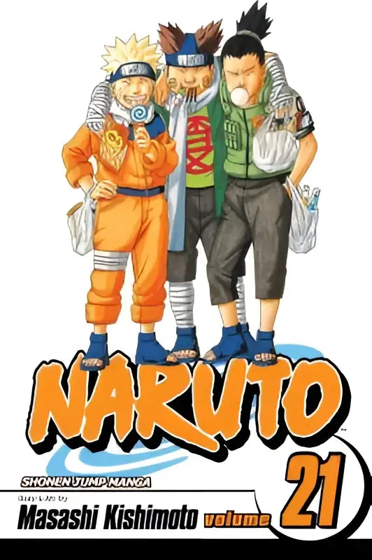 Illustratie van een ninja in een oranje jumpsuit met witte strepen en blauwe laarzen uit naruto vol 21 pursuit