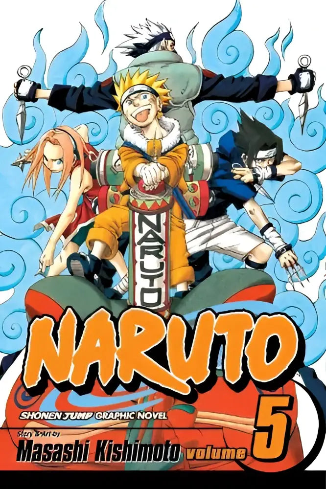 Cover van naruto manga volume 5 the challengers met levendige oranje en blauwe illustratie van de hoofdrolspeler in een dynamische pose