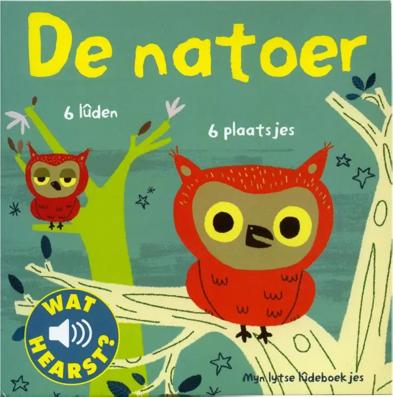 Een levendige rode uil met grote gele ogen en een pluizige textuur zit op een tak in de natoer 6 luden 6 plaatsjes