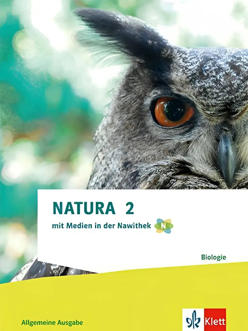 De boekomslag van natura biologie schulbuch klassen toont een close-up van een uil met oranje ogen en grijze veren