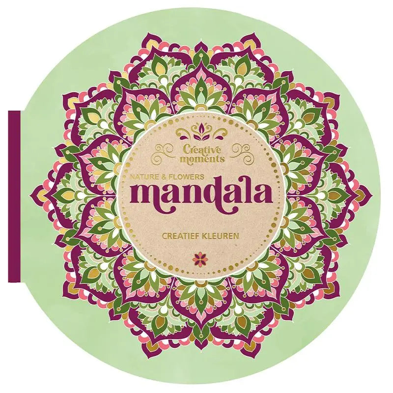 Vibrant circular flowers mandala coloring book cover in green purple and pink for creatief kleuren by creative moments