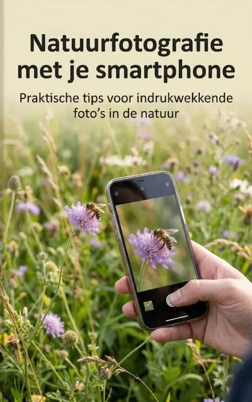 Een hand houdt een smartphone met een close-up foto van een bij op een paarse bloem praktische tips voor indrukwekkende foto’s in de natuur