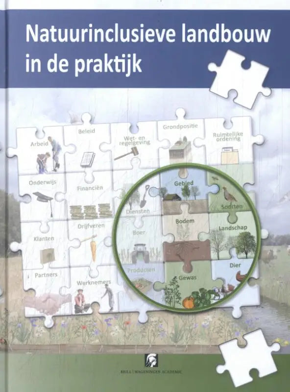 De boekcover van natuurinclusieve landbouw in de praktijk toont een puzzel met geïllustreerde landbouwelementen
