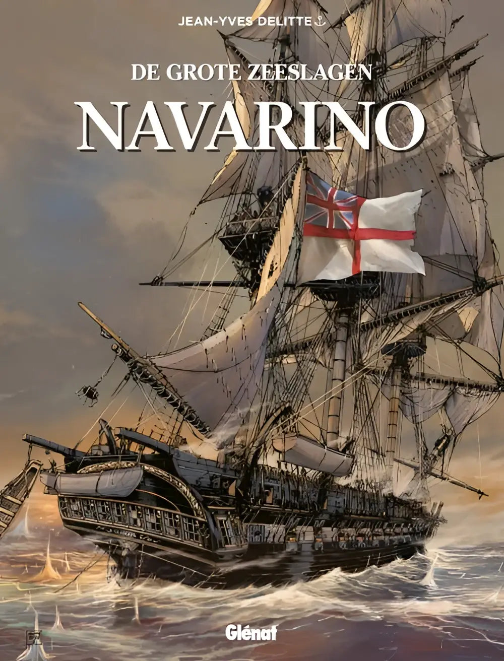 Een gedetailleerde illustratie van het grote zeeslagen oorlogsschip navarino met een donkere houten romp en witte zeilen