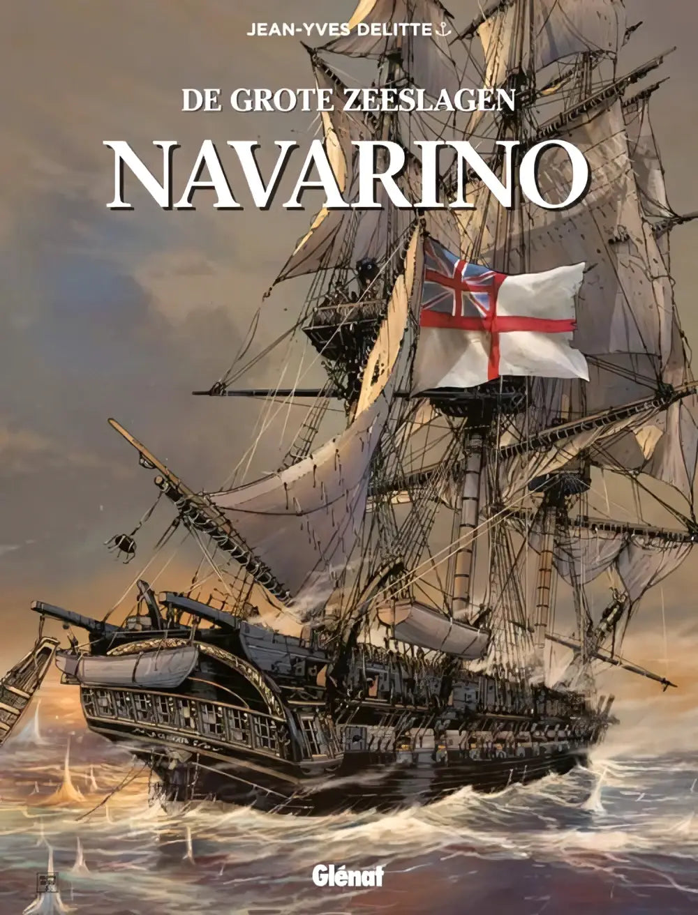 Een gedetailleerde illustratie van het grote zeeslagen oorlogsschip navarino met een donker houten casco en de britse vlag van jean-yves delitte