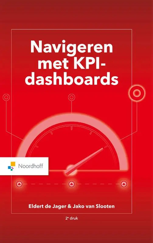 Rode boekomslag met witte snelheidsmeter en titel navigeren met kpi-dashboards voor management algemeen