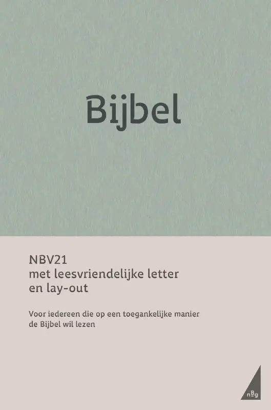 Minimalistische nbv21 bijbel met matte saliegroene en beige omslag en strakke sans-serif titel bijbel