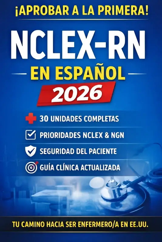 Cartel promocional azul y blanco para nclex-rn en español 2026 con guía de enfermería clínica con seguridad del paciente y next generation nclex