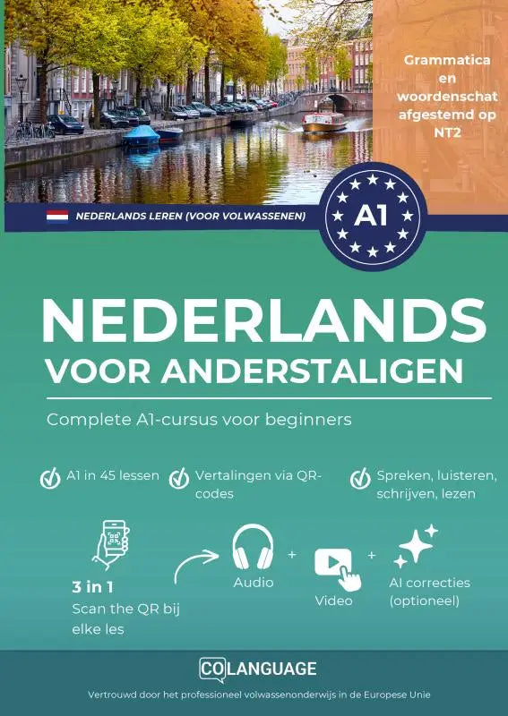 Teal en witte educatieve boekcover voor complete a1-cursus nederlands voor anderstaligen leer nederlands via gestructureerde methode
