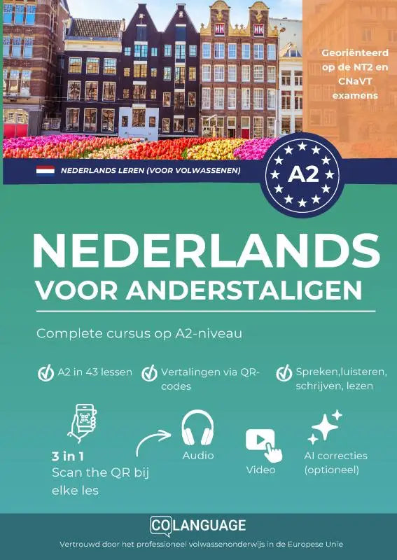 Teal kleurig a2-niveau nederlands leerboek met complete cursus en gestructureerde methode en bloemenveld en historische gebouwen