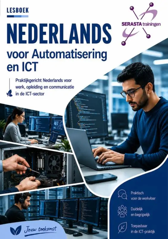 Blauw-wit educatief boek Nederlands voor automatisering en ICT niveau A0-A1 met afbeelding van man met bril die laptop gebruikt