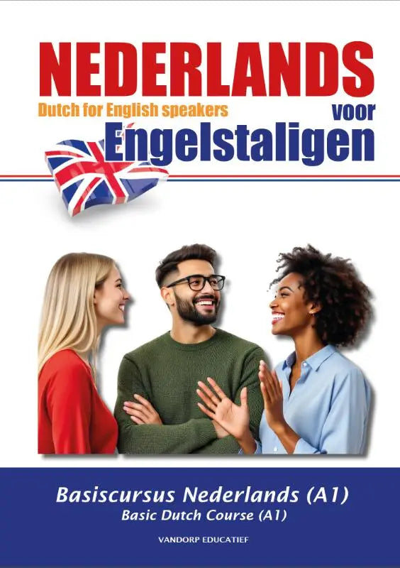 De cover van een nederlands voor engelstaligen boek toont drie lachende personen met de titel in rood en blauw