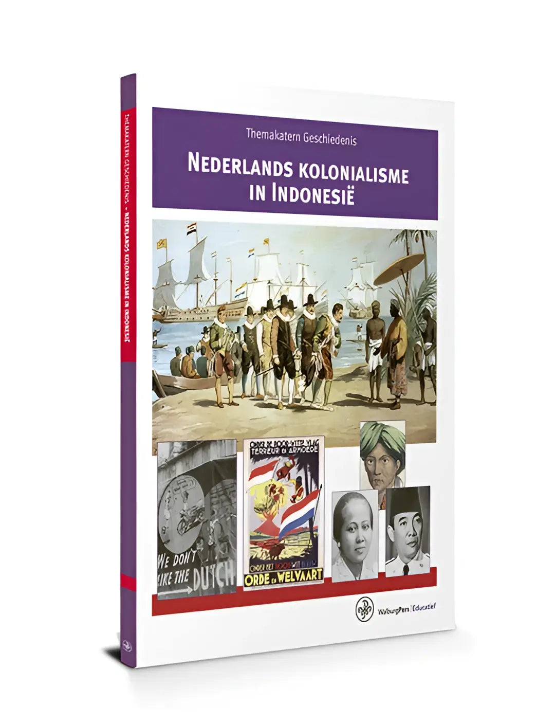 Witte hardcover themakatern geschiedenis met paarse titelbanner en historische illustraties over nederlands kolonialisme